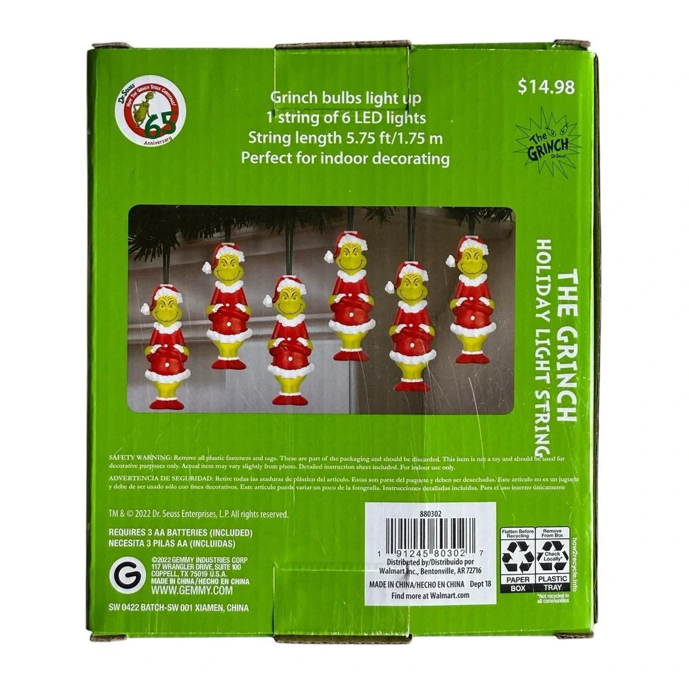 Gemmy Dr Seuss‎ THE GRINCH 65th Anniversary Christmas LED 6 Light String Set NEW